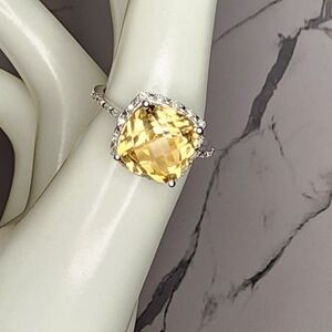 Cushion Cut Checkerboard Citrine Diamond Ring, 925 Silver
